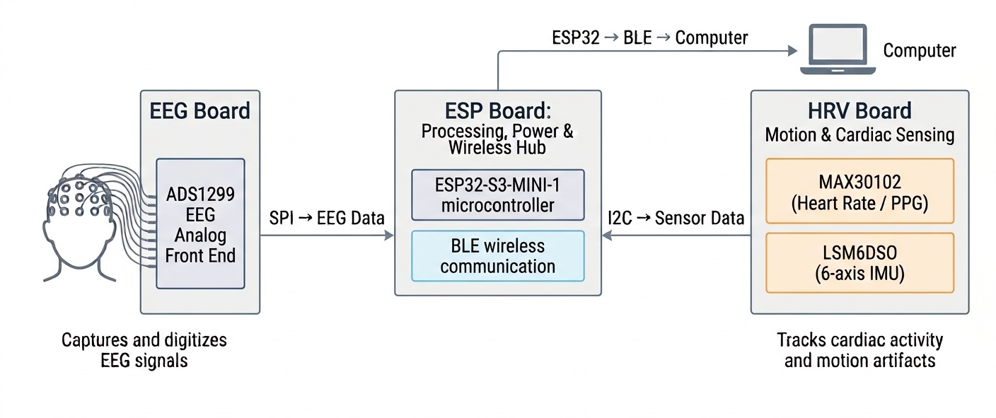 System architecture: Three boards (EEG Board, Compute Board, HRV Board) with signal flow